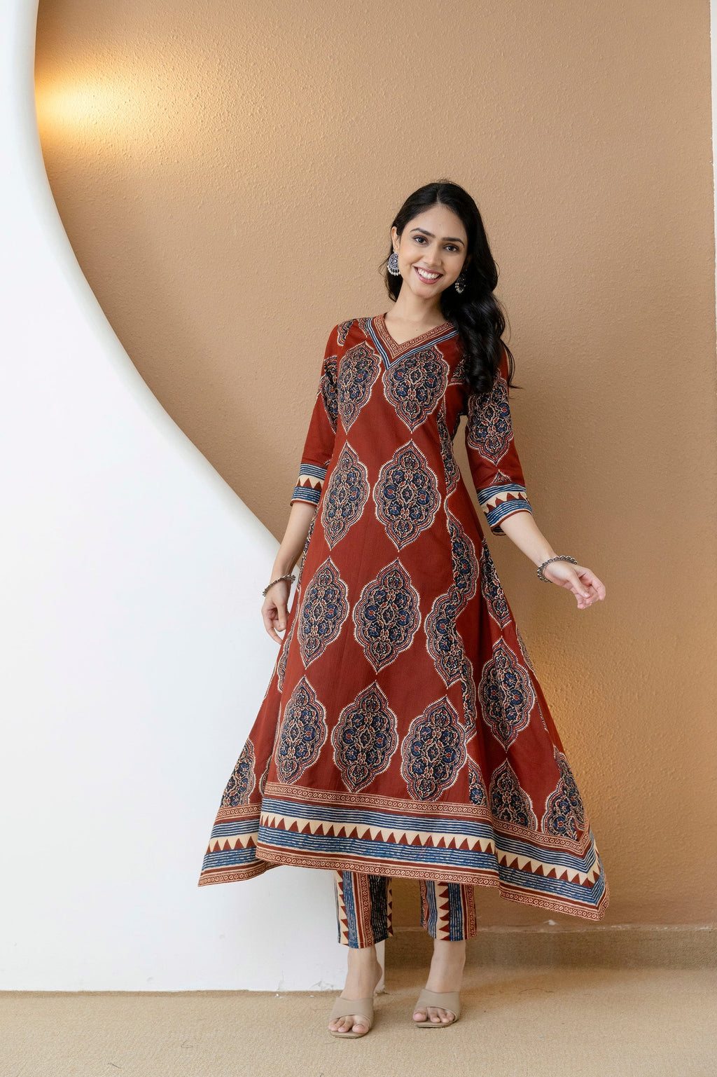 Ethnic Motif Printed Anarkali Kurta Set With Matching Pants & Dupatta, Rust - Hiral Fashion - Distacart