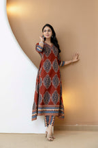 Ethnic Motif Printed Anarkali Kurta Set With Matching Pants & Dupatta, Rust - Hiral Fashion - Distacart
