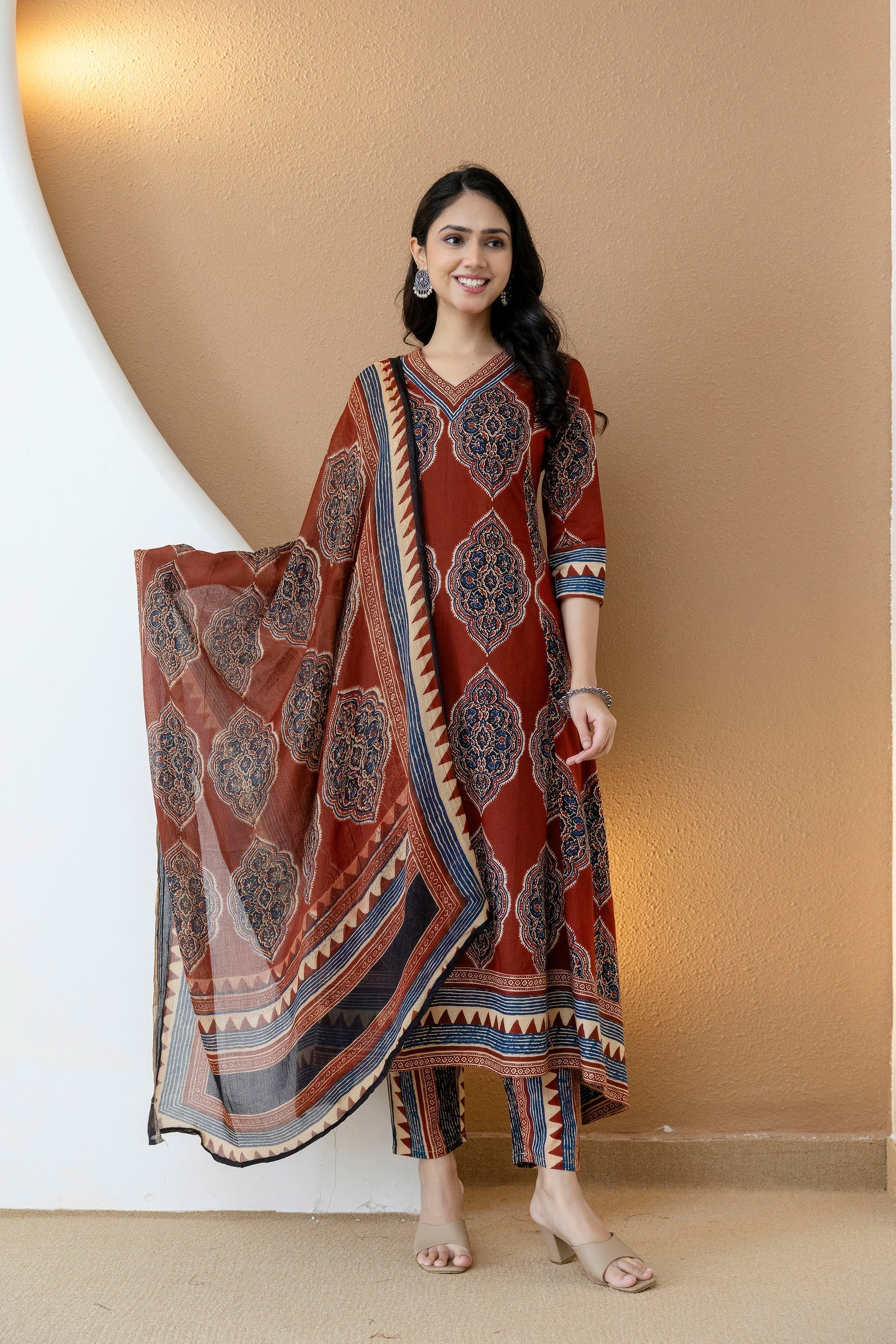 Ethnic Motif Printed Anarkali Kurta Set With Matching Pants & Dupatta, Rust - Hiral Fashion - Distacart