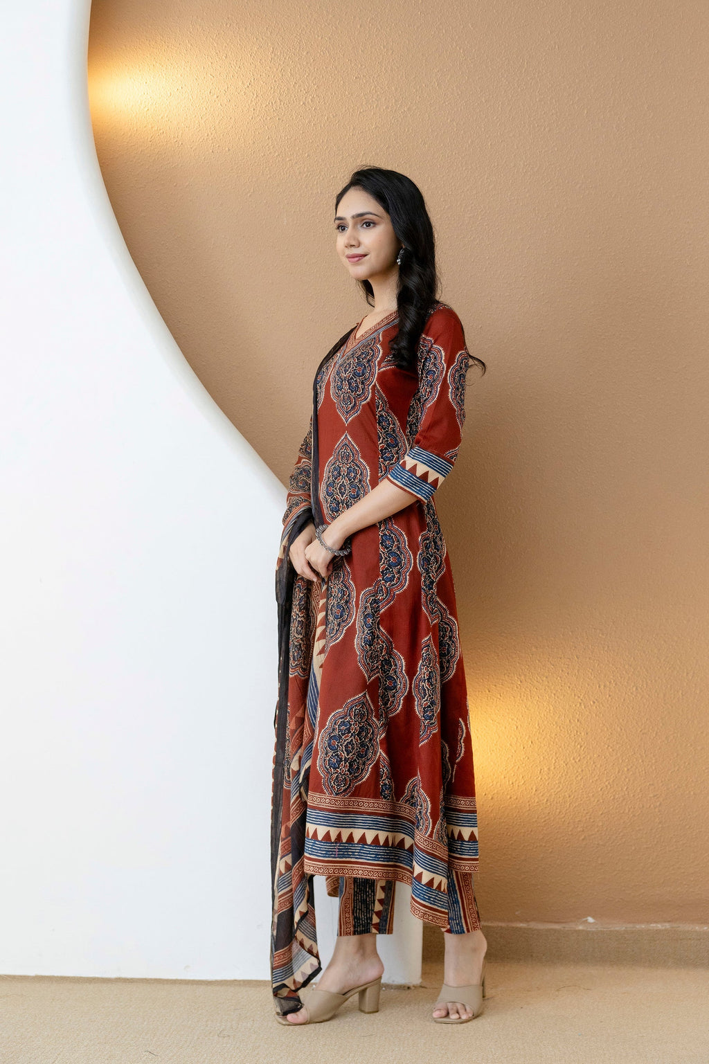 Ethnic Motif Printed Anarkali Kurta Set With Matching Pants & Dupatta, Rust - Hiral Fashion - Distacart