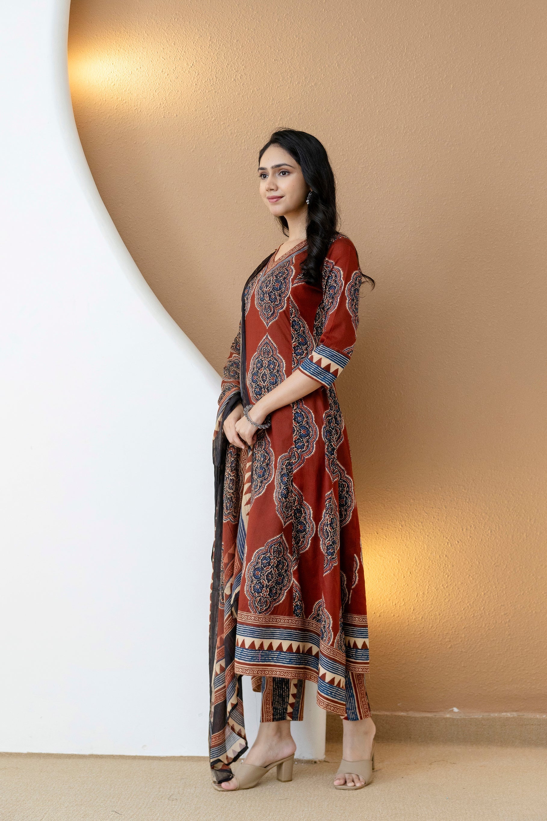 Ethnic Motif Printed Anarkali Kurta Set With Matching Pants & Dupatta, Rust - Hiral Fashion - Distacart