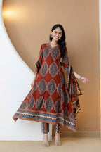 Ethnic Motif Printed Anarkali Kurta Set With Matching Pants & Dupatta, Rust - Hiral Fashion - Distacart