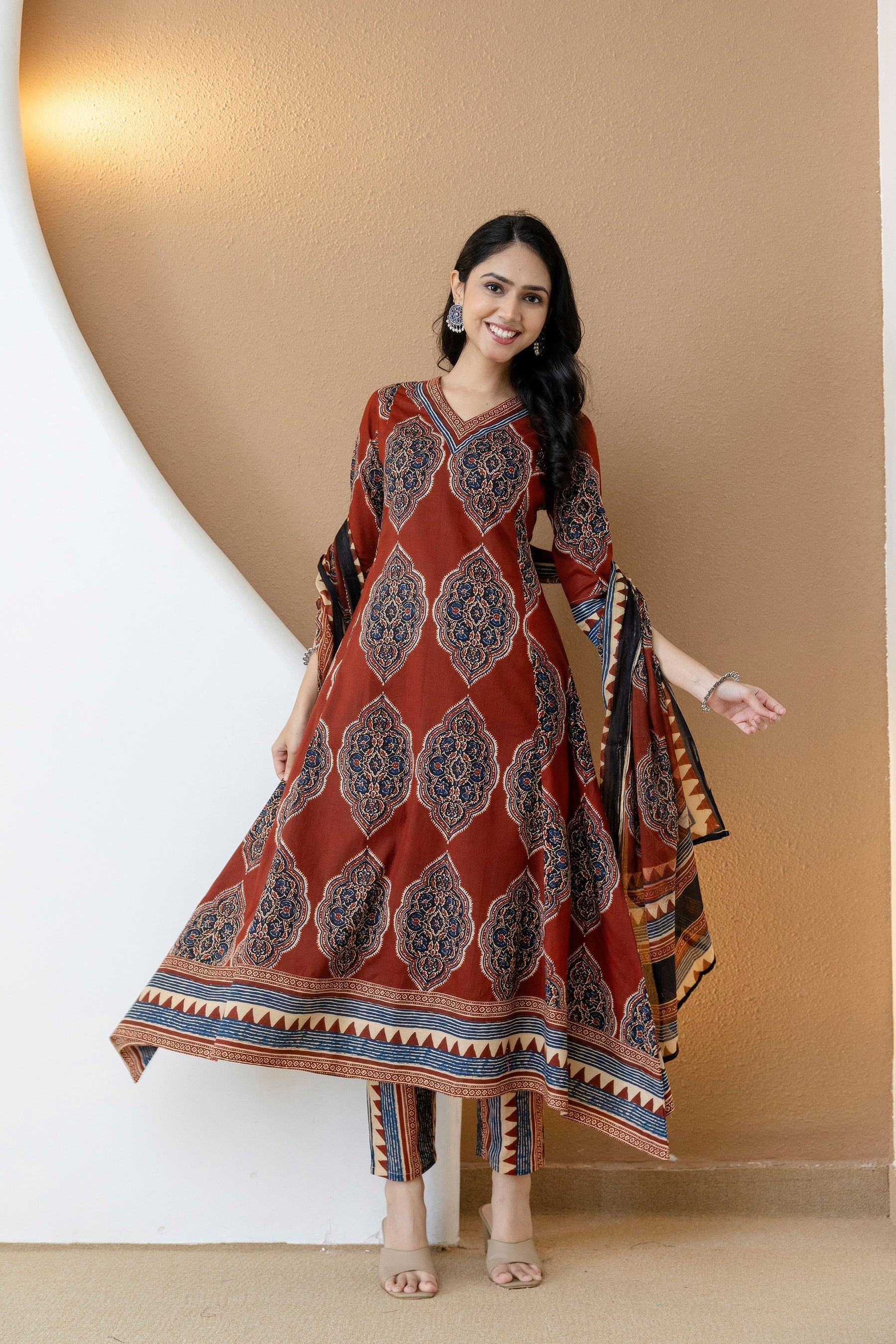 Ethnic Motif Printed Anarkali Kurta Set With Matching Pants & Dupatta, Rust - Hiral Fashion - Distacart