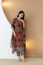 Ethnic Motif Printed Anarkali Kurta Set With Matching Pants & Dupatta, Rust - Hiral Fashion - Distacart