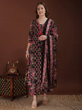 Embroidered & Floral Printed Kurta With Palazzo & Printed Dupatta, Black - Hiral Fashion - Distacart