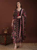 Embroidered & Floral Printed Kurta With Palazzo & Printed Dupatta, Black - Hiral Fashion - Distacart