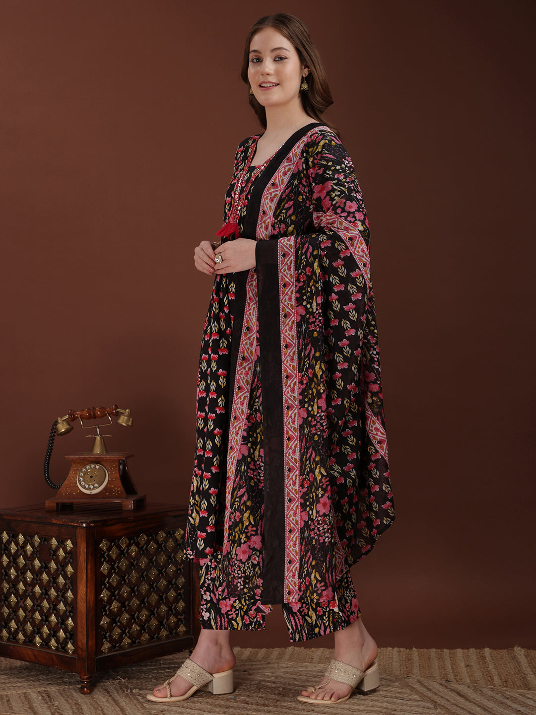 Embroidered & Floral Printed Kurta With Palazzo & Printed Dupatta, Black - Hiral Fashion - Distacart