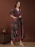 Embroidered & Floral Printed Kurta With Palazzo & Printed Dupatta, Black - Hiral Fashion - Distacart