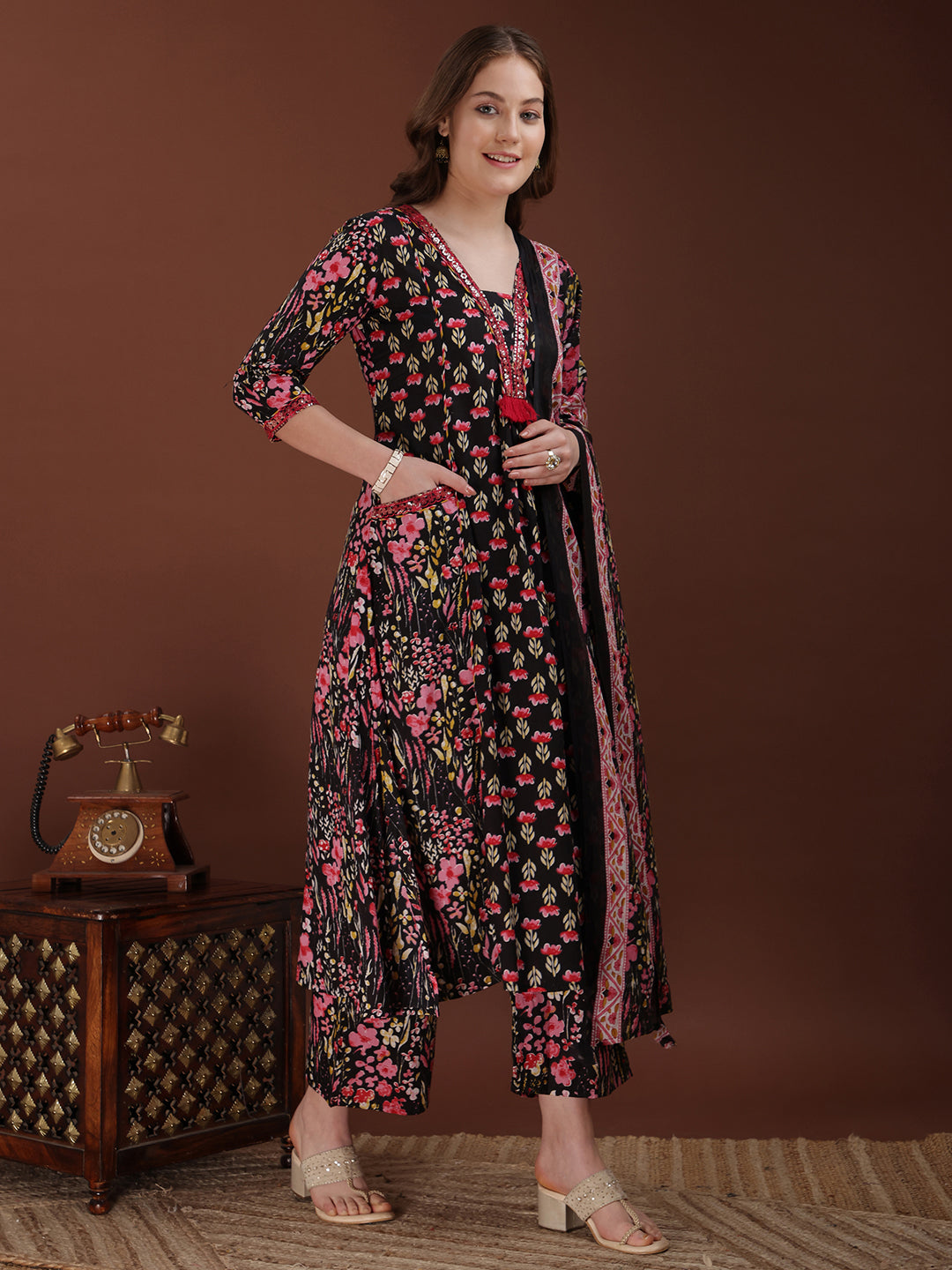 Embroidered & Floral Printed Kurta With Palazzo & Printed Dupatta, Black - Hiral Fashion - Distacart