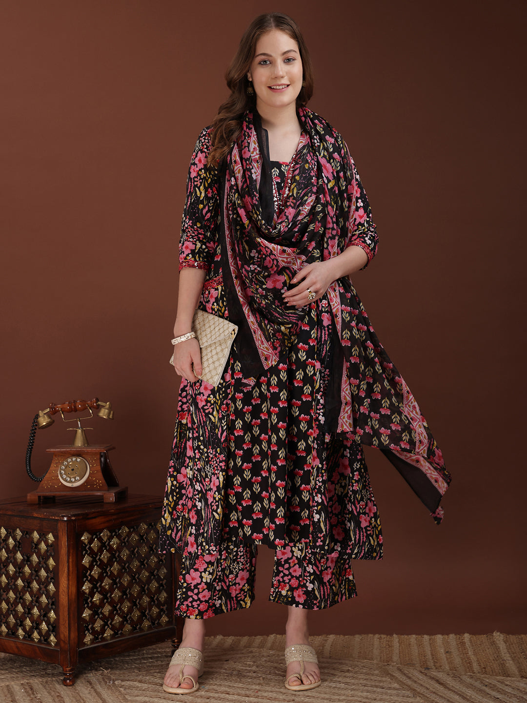Embroidered & Floral Printed Kurta With Palazzo & Printed Dupatta, Black - Hiral Fashion - Distacart