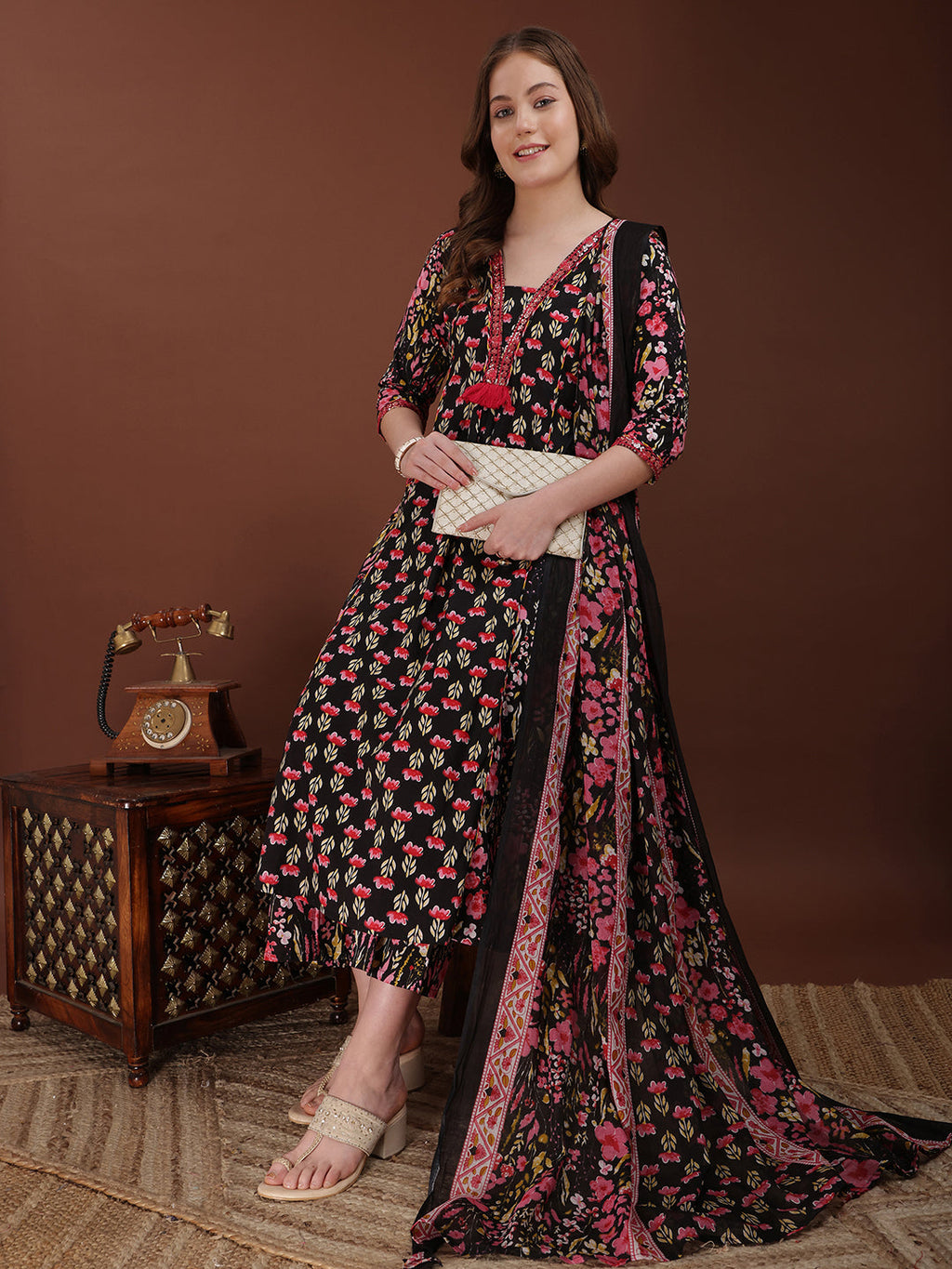 Embroidered & Floral Printed Kurta With Palazzo & Printed Dupatta, Black - Hiral Fashion - Distacart