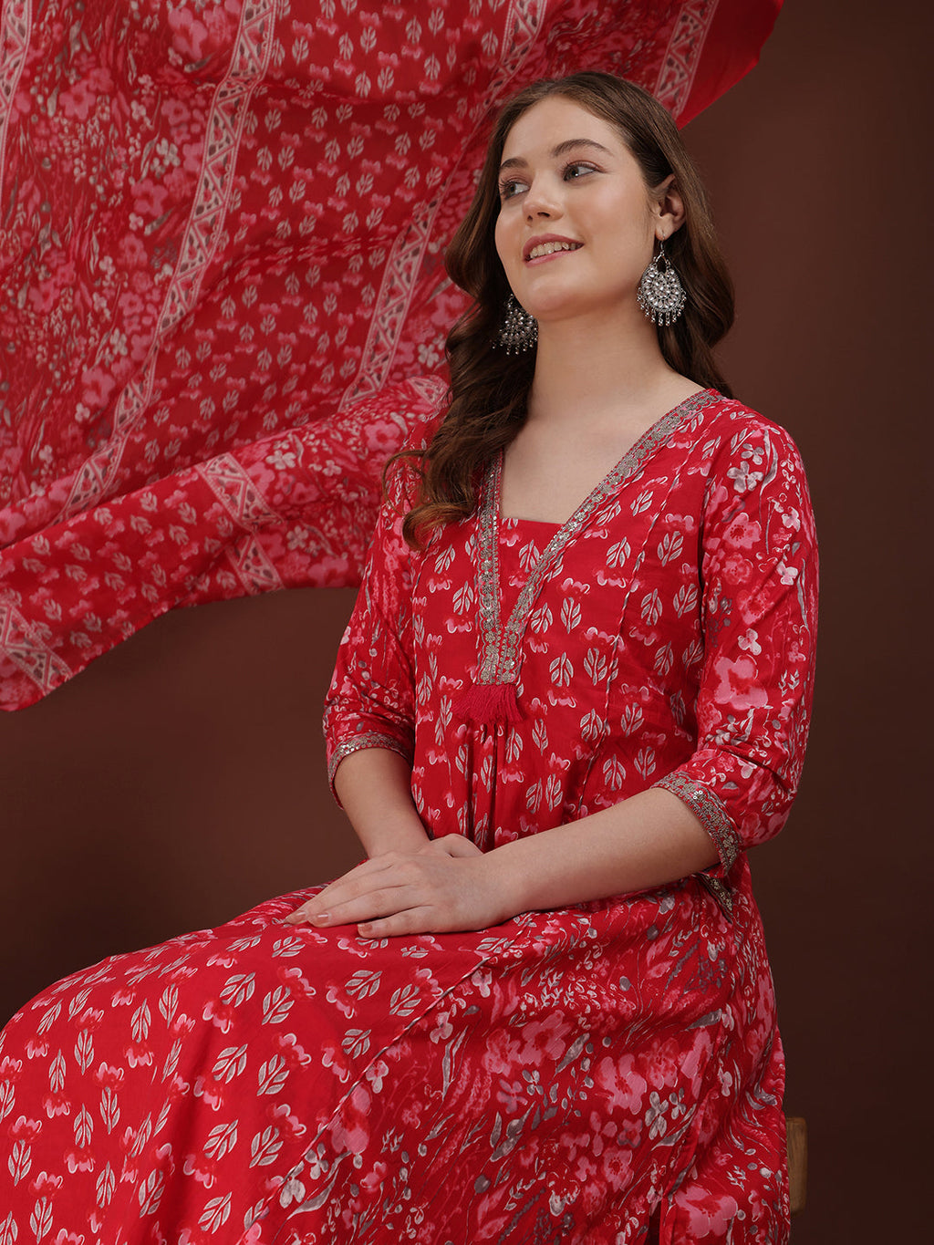 Embroidered & Floral Printed Kurta With Palazzo & Printed Dupatta, Pink - Hiral Fashion - Distacart