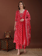 Embroidered & Floral Printed Kurta With Palazzo & Printed Dupatta, Pink - Hiral Fashion - Distacart