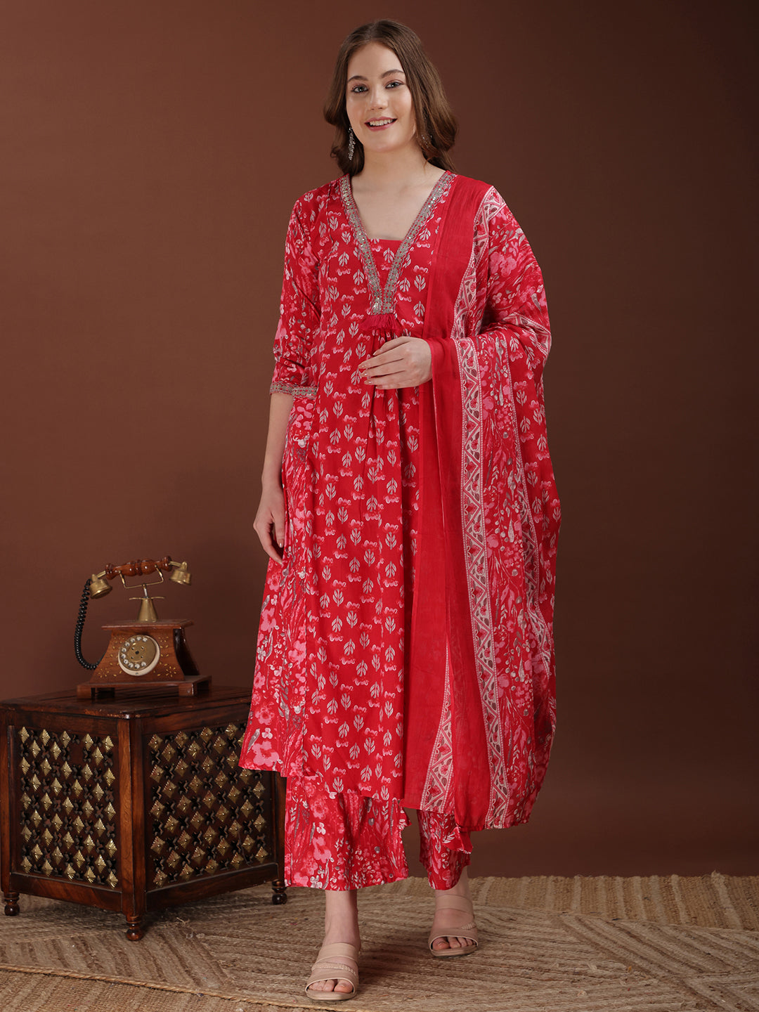 Embroidered & Floral Printed Kurta With Palazzo & Printed Dupatta, Pink - Hiral Fashion - Distacart