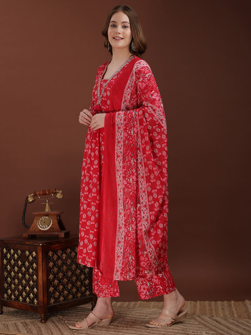 Embroidered & Floral Printed Kurta With Palazzo & Printed Dupatta, Pink - Hiral Fashion - Distacart