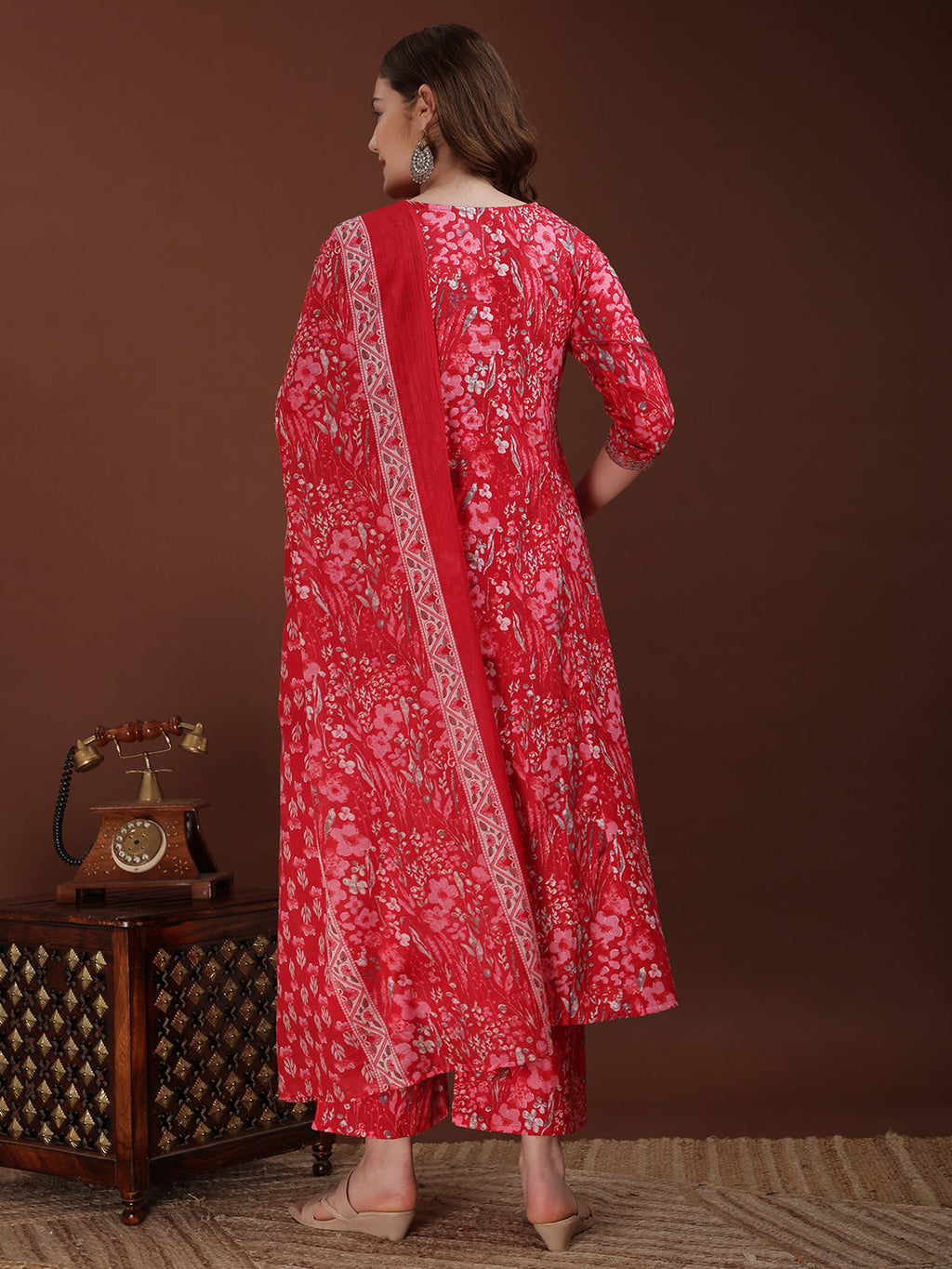 Embroidered & Floral Printed Kurta With Palazzo & Printed Dupatta, Pink - Hiral Fashion - Distacart