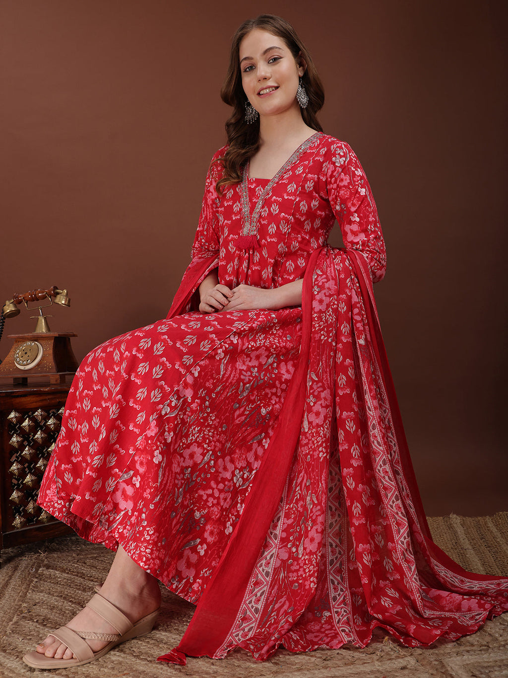 Embroidered & Floral Printed Kurta With Palazzo & Printed Dupatta, Pink - Hiral Fashion - Distacart