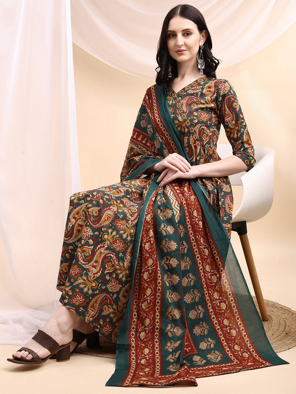 Paisley Printed Angarkha Style Anarkali Kurta With Pant & Dupatta, Bottle-Green - Hiral Fashion - Distacart
