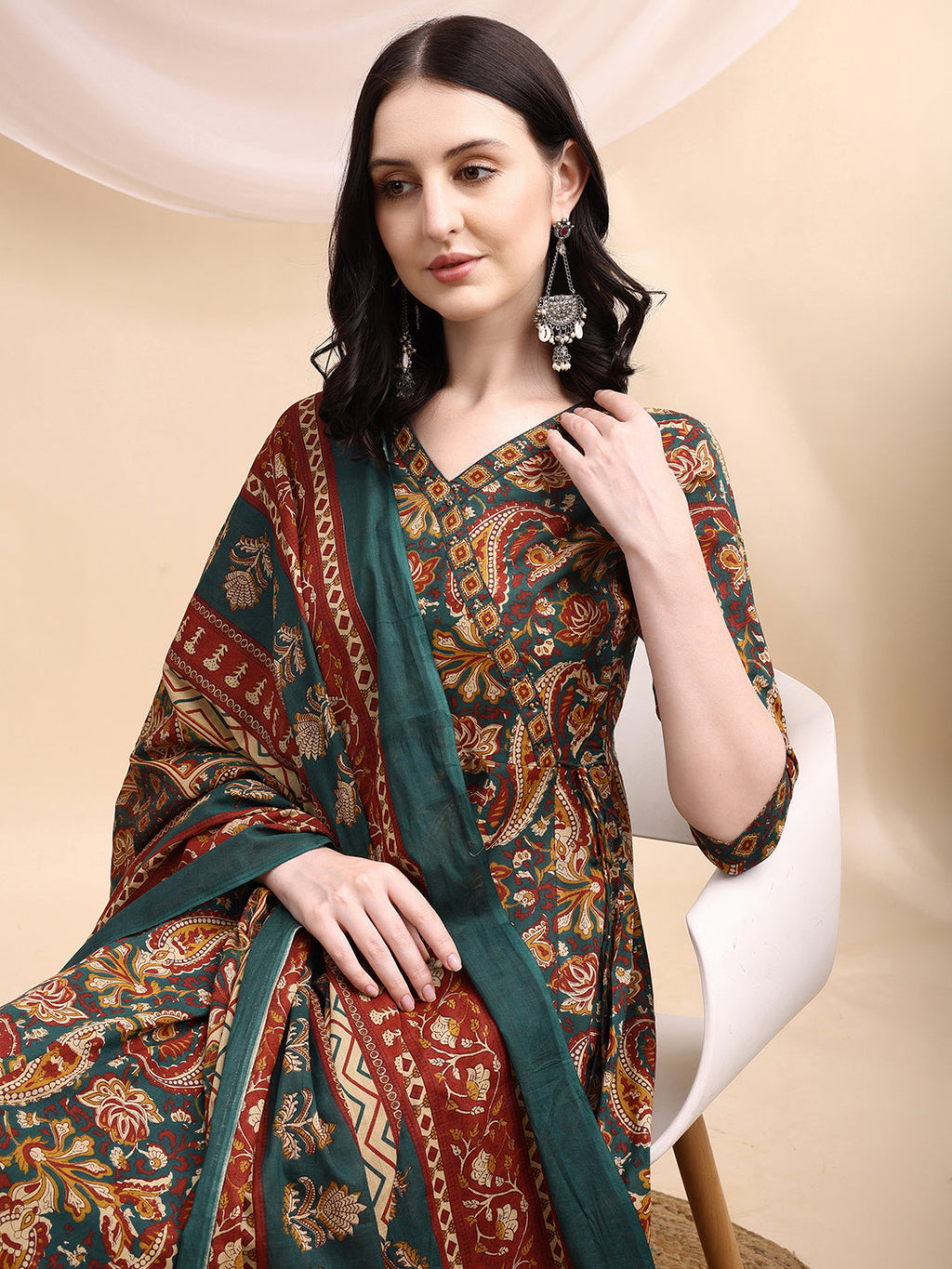 Paisley Printed Angarkha Style Anarkali Kurta With Pant & Dupatta, Bottle-Green - Hiral Fashion - Distacart