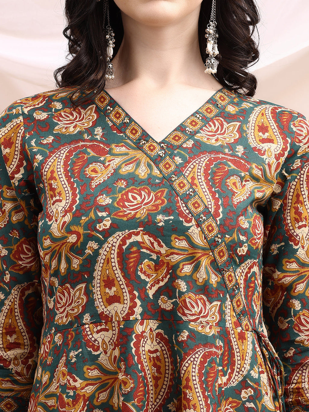 Paisley Printed Angarkha Style Anarkali Kurta With Pant & Dupatta, Bottle-Green - Hiral Fashion - Distacart