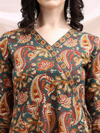 Paisley Printed Angarkha Style Anarkali Kurta With Pant & Dupatta, Bottle-Green - Hiral Fashion - Distacart
