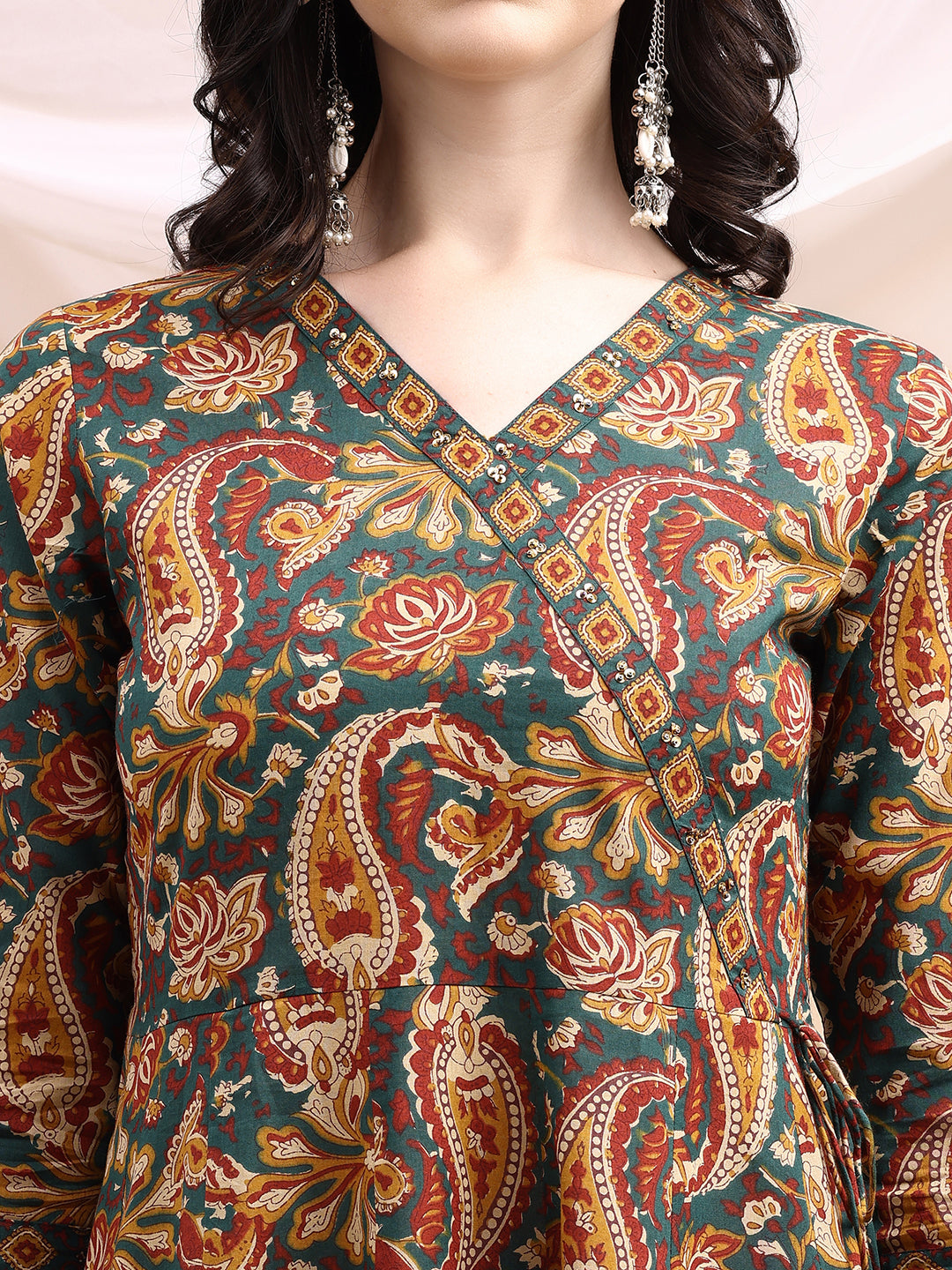 Paisley Printed Angarkha Style Anarkali Kurta With Pant & Dupatta, Bottle-Green - Hiral Fashion - Distacart