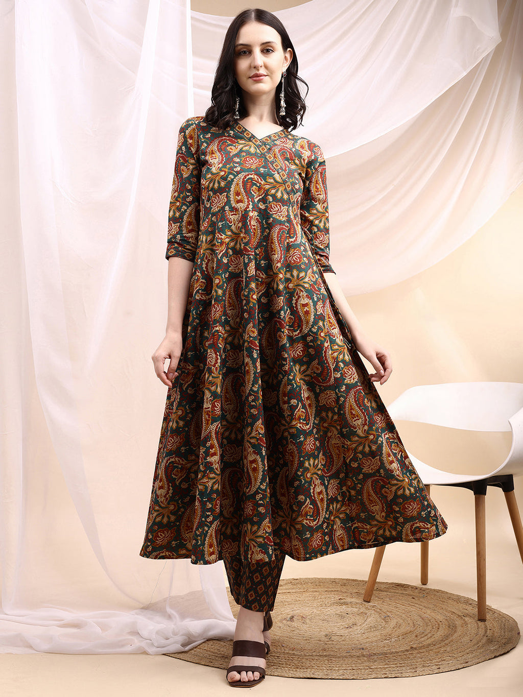 Paisley Printed Angarkha Style Anarkali Kurta With Pant & Dupatta, Bottle-Green - Hiral Fashion - Distacart