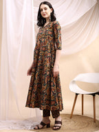 Paisley Printed Angarkha Style Anarkali Kurta With Pant & Dupatta, Bottle-Green - Hiral Fashion - Distacart