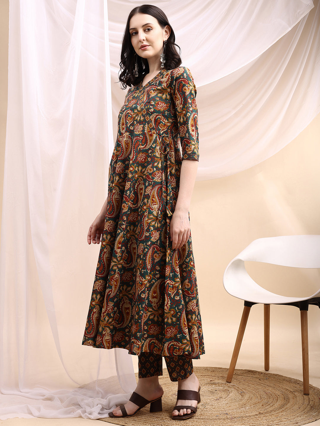 Paisley Printed Angarkha Style Anarkali Kurta With Pant & Dupatta, Bottle-Green - Hiral Fashion - Distacart
