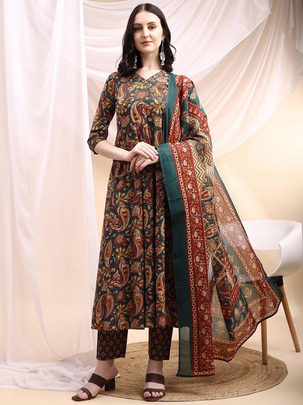 Paisley Printed Angarkha Style Anarkali Kurta With Pant & Dupatta, Bottle-Green - Hiral Fashion - Distacart