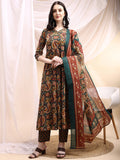 Paisley Printed Angarkha Style Anarkali Kurta With Pant & Dupatta, Bottle-Green - Hiral Fashion - Distacart