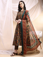 Paisley Printed Angarkha Style Anarkali Kurta With Pant & Dupatta, Bottle-Green - Hiral Fashion - Distacart