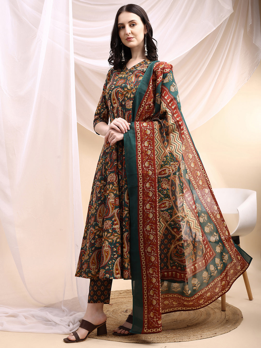 Paisley Printed Angarkha Style Anarkali Kurta With Pant & Dupatta, Bottle-Green - Hiral Fashion - Distacart