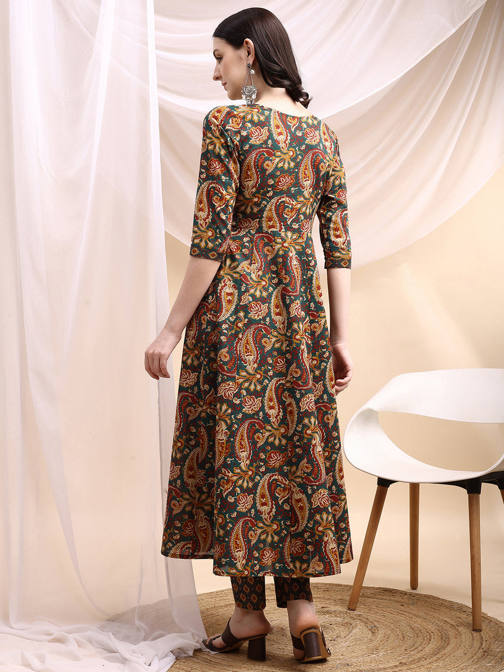 Paisley Printed Angarkha Style Anarkali Kurta With Pant & Dupatta, Bottle-Green - Hiral Fashion - Distacart