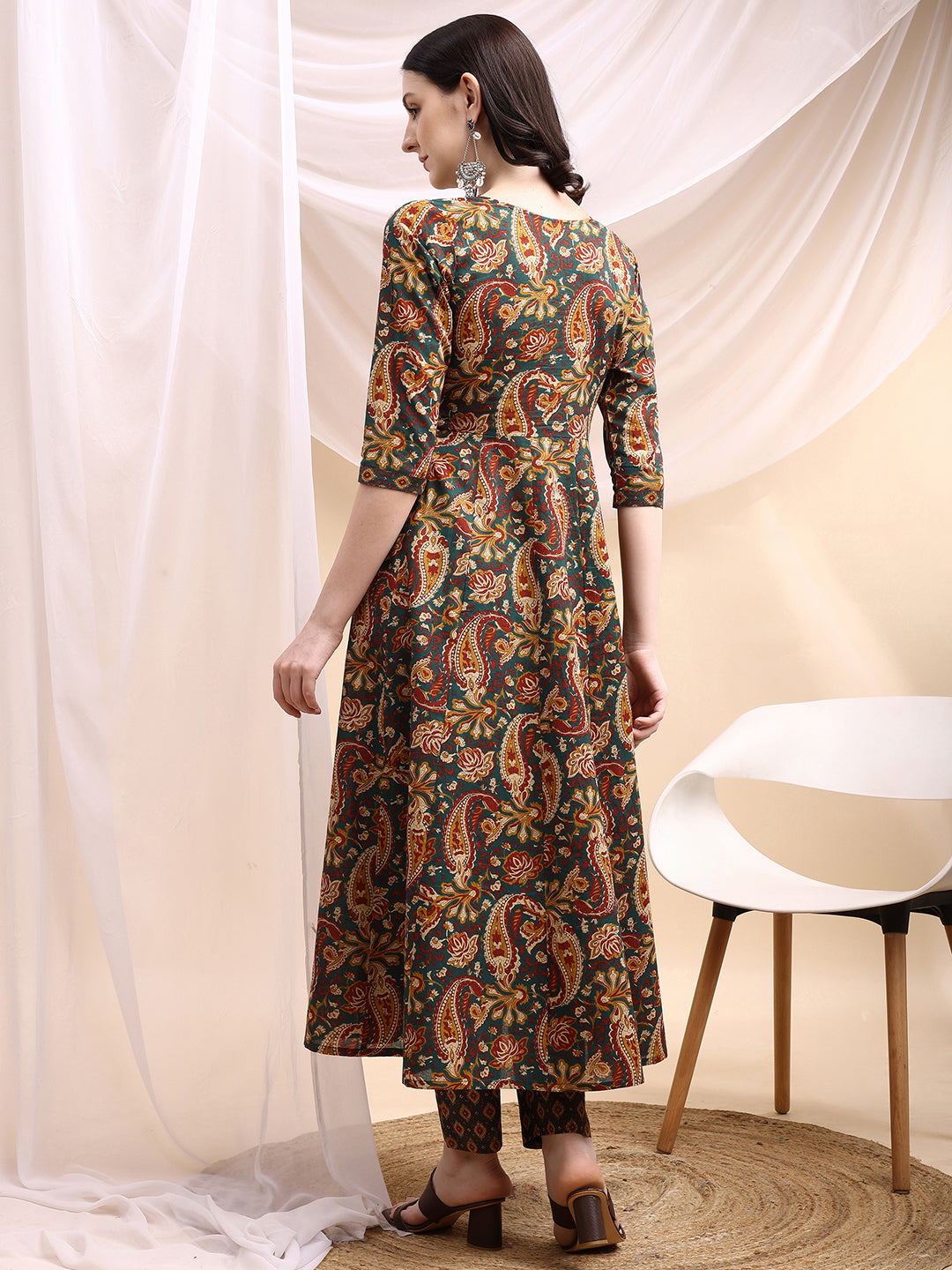 Paisley Printed Angarkha Style Anarkali Kurta With Pant & Dupatta, Bottle-Green - Hiral Fashion - Distacart