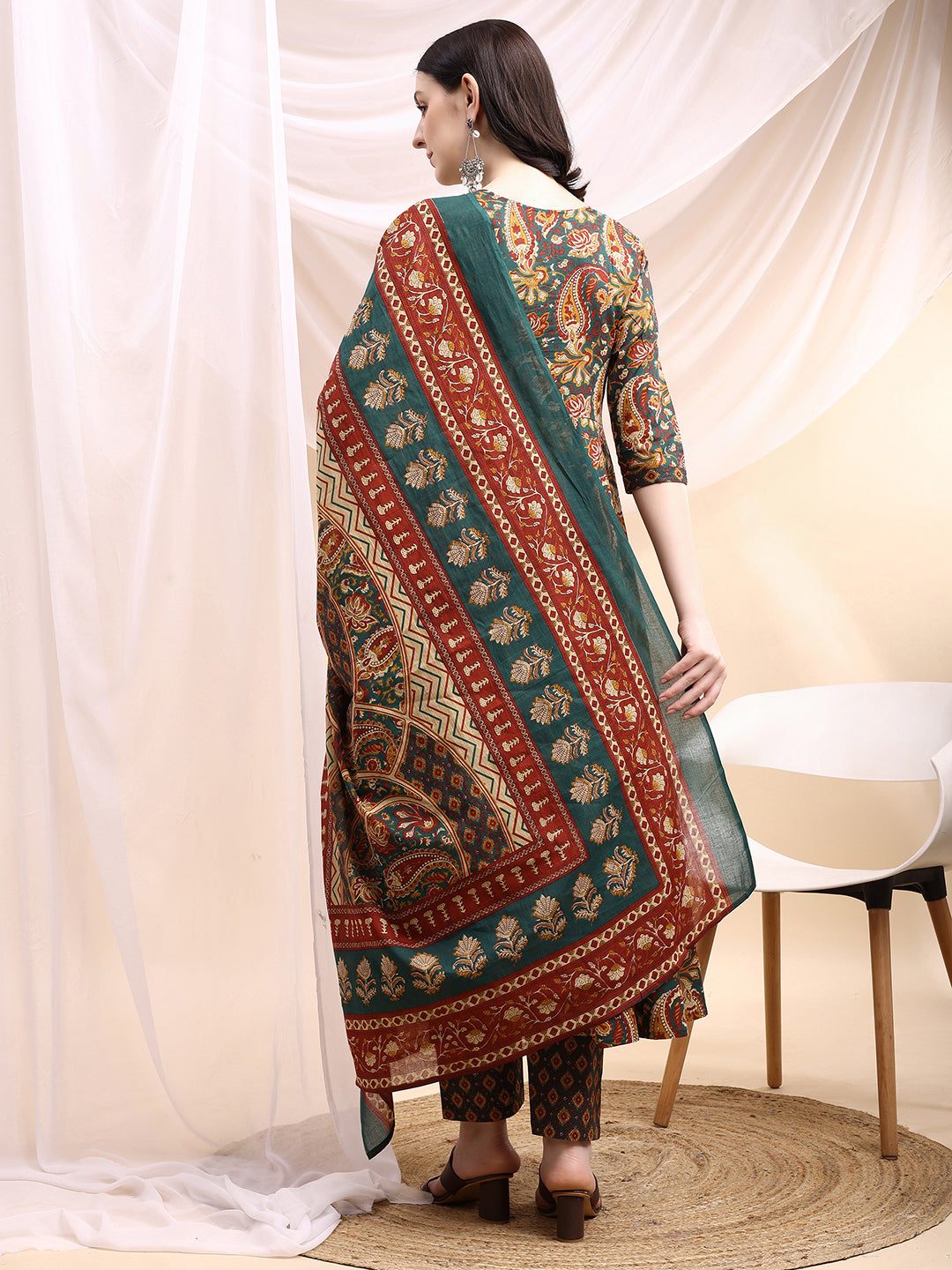 Paisley Printed Angarkha Style Anarkali Kurta With Pant & Dupatta, Bottle-Green - Hiral Fashion - Distacart