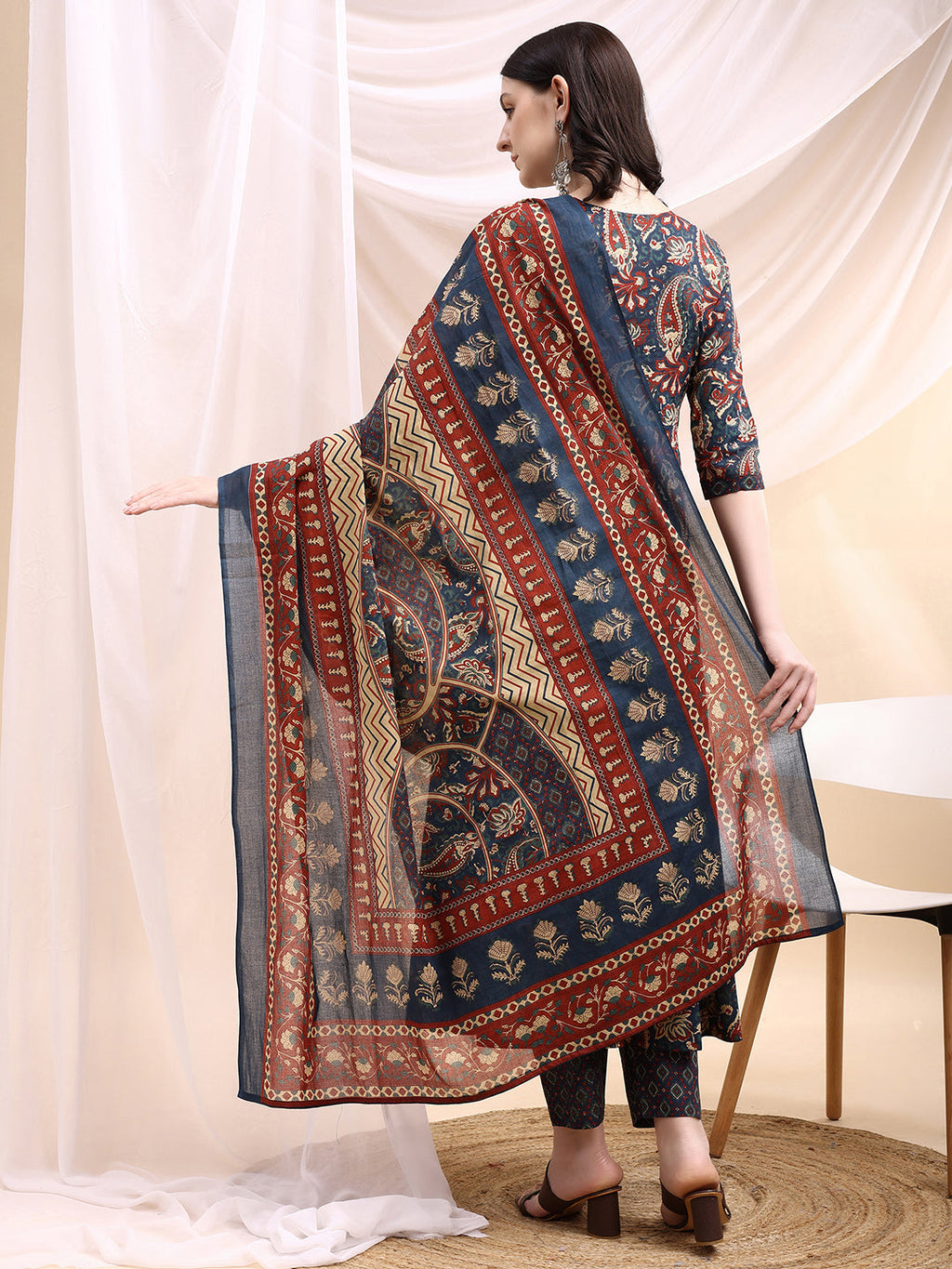 Paisley Printed Angarkha Style Anarkali Kurta With Pant & Dupatta, Navy Blue - Hiral Fashion - Distacart