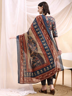 Paisley Printed Angarkha Style Anarkali Kurta With Pant & Dupatta, Navy Blue - Hiral Fashion - Distacart