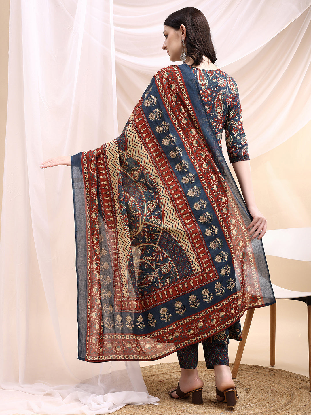 Paisley Printed Angarkha Style Anarkali Kurta With Pant & Dupatta, Navy Blue - Hiral Fashion - Distacart