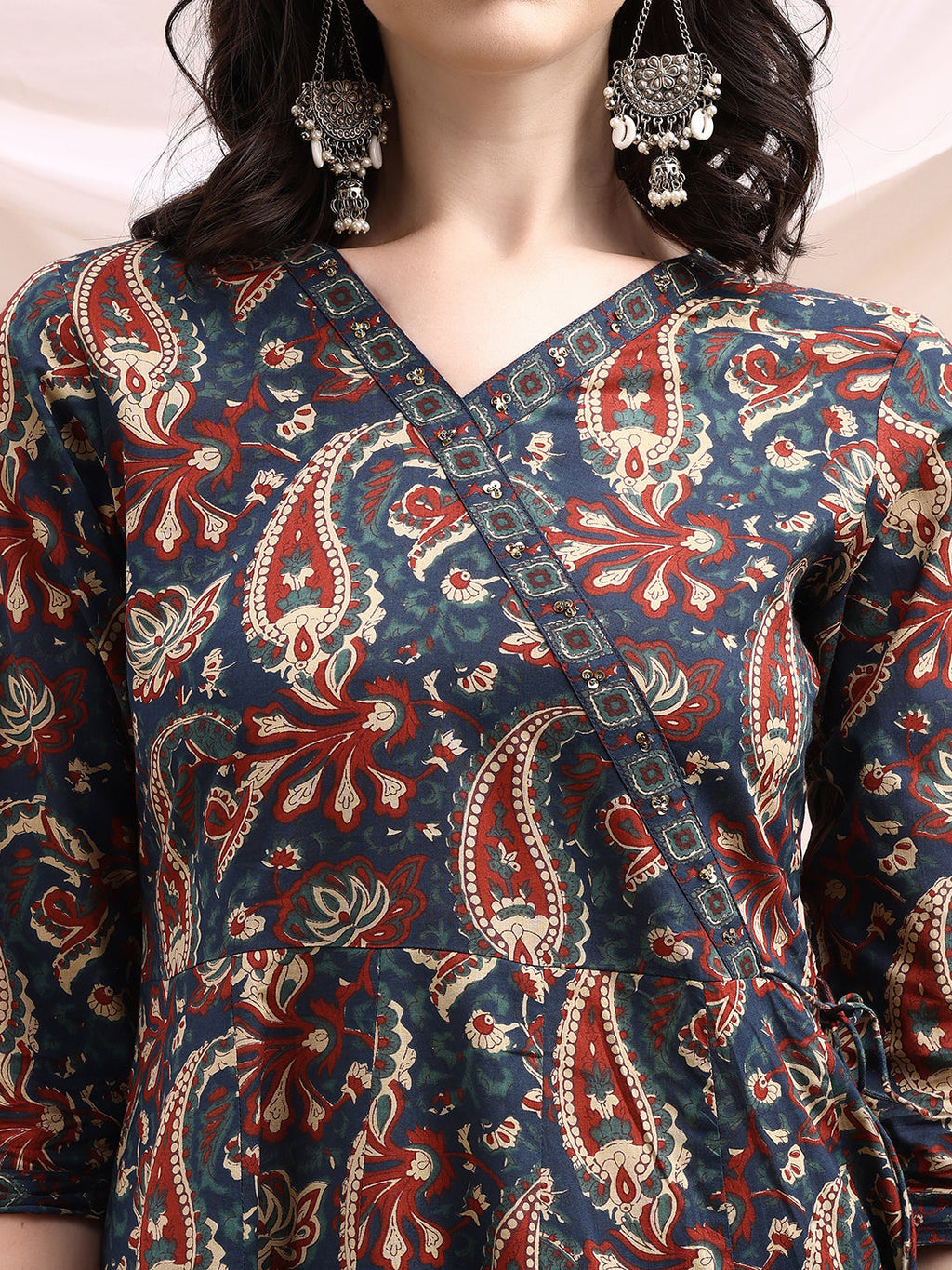 Paisley Printed Angarkha Style Anarkali Kurta With Pant & Dupatta, Navy Blue - Hiral Fashion - Distacart