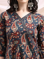 Paisley Printed Angarkha Style Anarkali Kurta With Pant & Dupatta, Navy Blue - Hiral Fashion - Distacart