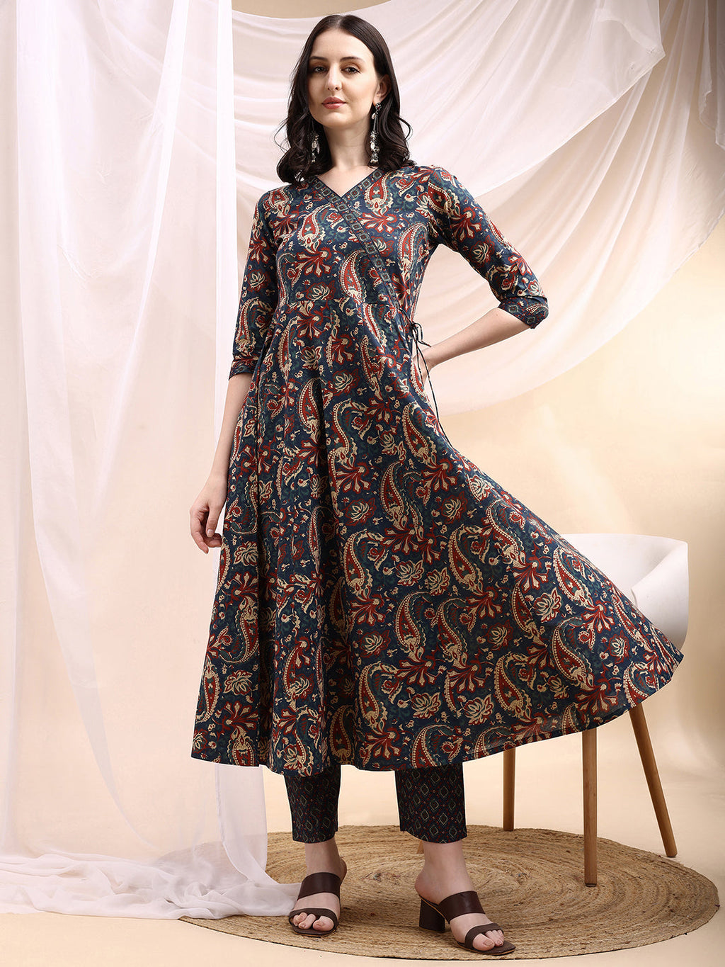 Paisley Printed Angarkha Style Anarkali Kurta With Pant & Dupatta, Navy Blue - Hiral Fashion - Distacart