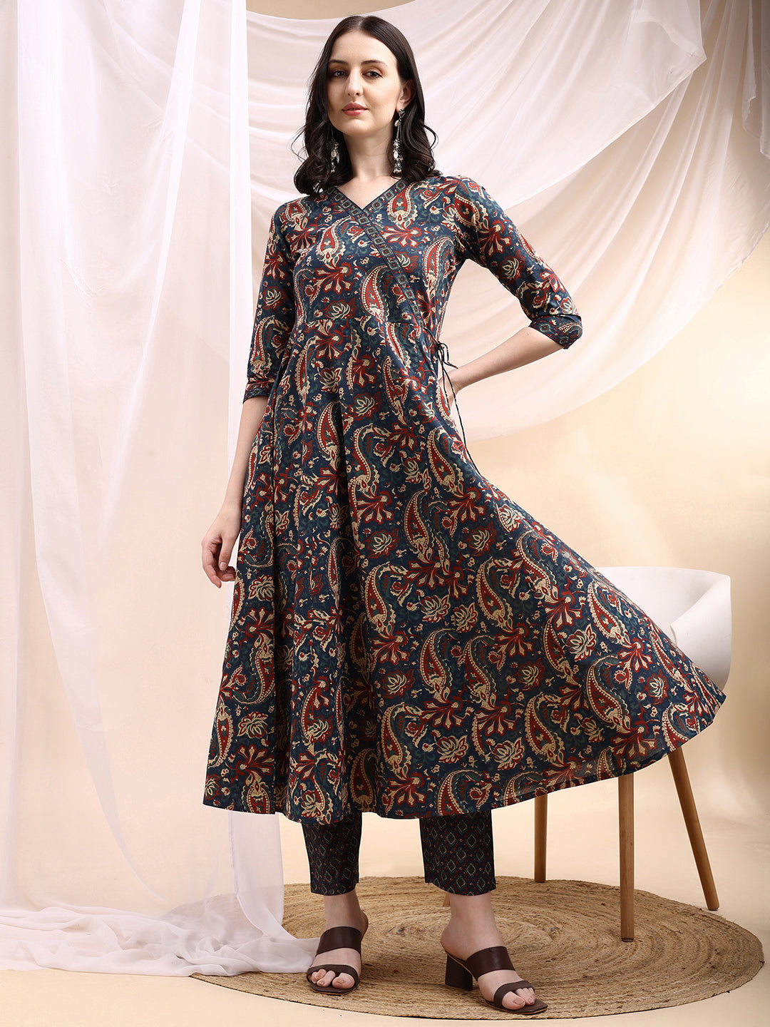 Paisley Printed Angarkha Style Anarkali Kurta With Pant & Dupatta, Navy Blue - Hiral Fashion - Distacart