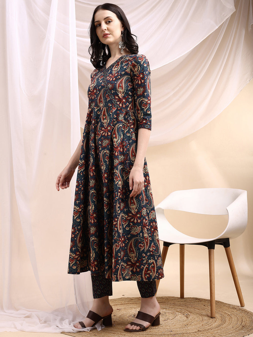 Paisley Printed Angarkha Style Anarkali Kurta With Pant & Dupatta, Navy Blue - Hiral Fashion - Distacart
