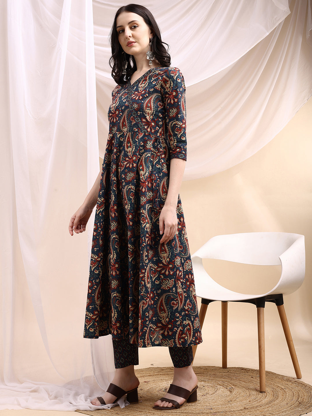 Paisley Printed Angarkha Style Anarkali Kurta With Pant & Dupatta, Navy Blue - Hiral Fashion - Distacart