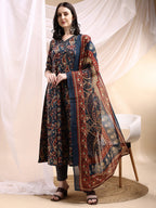 Paisley Printed Angarkha Style Anarkali Kurta With Pant & Dupatta, Navy Blue - Hiral Fashion - Distacart