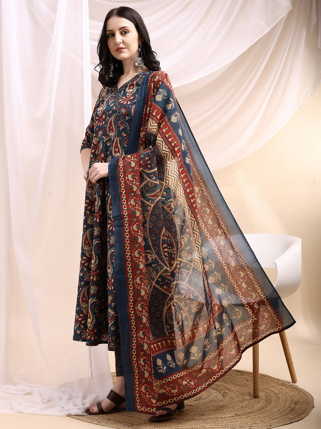 Paisley Printed Angarkha Style Anarkali Kurta With Pant & Dupatta, Navy Blue - Hiral Fashion - Distacart
