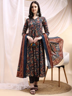 Paisley Printed Angarkha Style Anarkali Kurta With Pant & Dupatta, Navy Blue - Hiral Fashion - Distacart