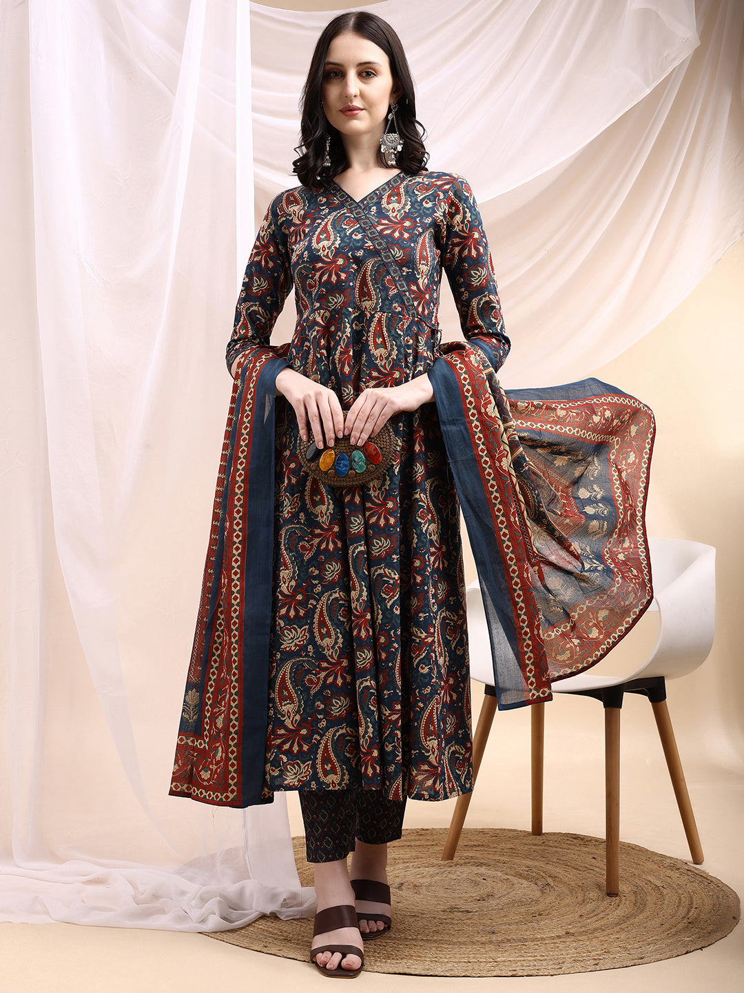 Paisley Printed Angarkha Style Anarkali Kurta With Pant & Dupatta, Navy Blue - Hiral Fashion - Distacart