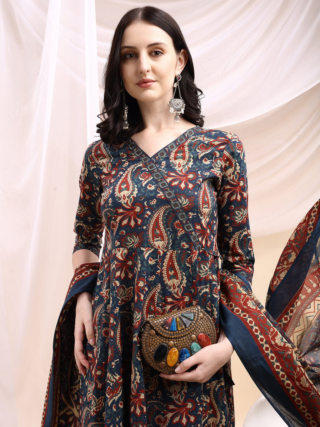 Paisley Printed Angarkha Style Anarkali Kurta With Pant & Dupatta, Navy Blue - Hiral Fashion - Distacart